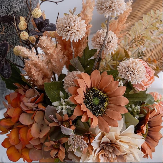 17-inch Artificial Fake Faux Flowers Silk Flower Arrangements Bouquets with Dandelions, Dahlias, Hydrangeas, Sunflowers, Roses, Astilbes and Shooting Star Branches(Autumn Haze)