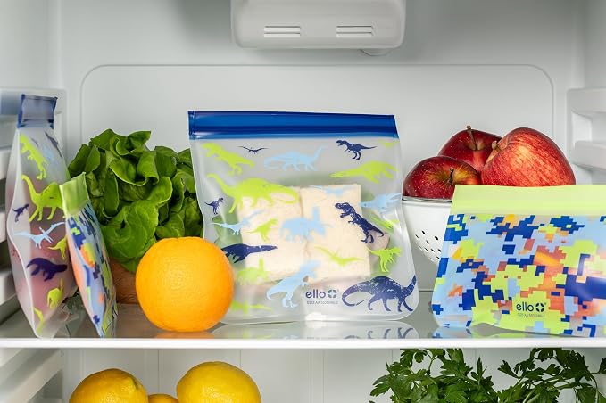 Ello 4 Pack Reusable Food Storage Bags, Resealable BPA-Free, Food-Safe PEVA, Feezer Safe and Leak-Proof