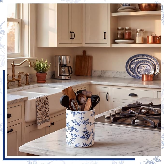 Suclain Blue Floral Ceramic Utensil Holder 6.3 Inch Chinoiserie Vintage Kitchen Crock Blue and White Floral Countertop Storage Organizer for Spatulas and Spoons Home Cooking Unique Gift Idea