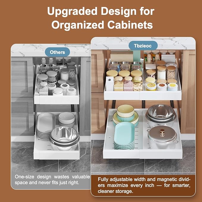 Expandable Pull Out Drawer for Cabinets, 21" Deep, Adjustable 12–20" Width – Magnetic Dividers, Optional Riser, Heavy-Duty 3-Rail Glide, No-Drill Roll-Out Shelf Organizer for Kitchen, White