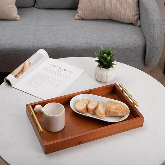 Coran Wooden Rectangle Tray | Gold Metal Handles | 6097BR