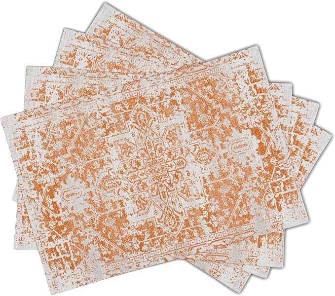 Gray Orange Boho Placemats Set of 4 Ethnic Bohemian Carpet Place Mats Washable Kitchen Dining Vintage Grey Geography Floral Linen Table Mats Stain Heat-Resistant Cloth Tabel for Home Party 12x18 in