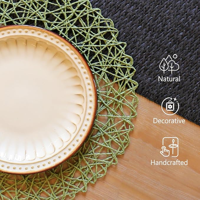 AHHFSMEI Paper Braided Round Placemats Set of 6 Natural Non-Slip Heat Resistant Table Mats for Dining Tables Woven Indoor & Outdoor Place mats(Green)
