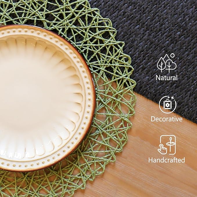 AHHFSMEI Paper Braided Round Placemats Set of 12 Natural Non-Slip Heat Resistant Table Mats for Dining Tables Woven Indoor & Outdoor Place mats(Green,12)