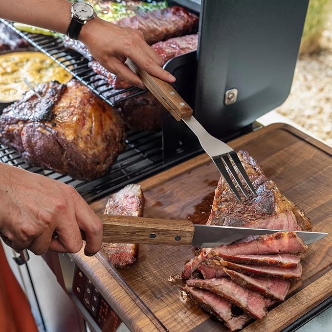 5pcs BBQ Grill Accessories Set - Stainless Steel Grilling Tools with Ergonomic Wooden Handle Includes Spatula, Tongs, Knife, Fork & Carry Bag, Grill Tools Set BBQ Utensils Gifts Set for Men Dad