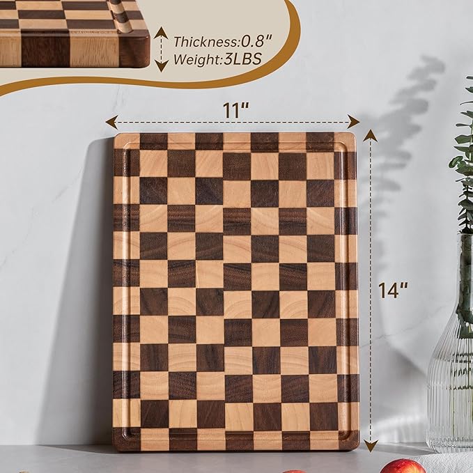 Checkered Cutting Board, Wooden Cutting Boards for Kitchen, Acacia Wood Cutting Board with Handle & Juice Grooves, Small Charcuterie Boards with Gift Box, 14" X 11" X 0.8"