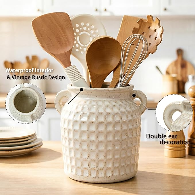 Rustic Kitchen Utensil Holder with Handle, 6.5" Ceramic Farmhouse Stable Utensil Crock for Countertop, Vintage Cooking Tool Organizer & Spatula Holder For Kitchen Decor (White)