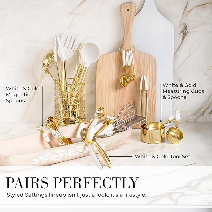 White Silicone and Gold Cooking Utensils Set with Gold Utensil Holder - 7-Piece Silicone Cooking Tools - Ideal for Nonstick Cookware and Stylish Modern Kitchens - Luxury Kitchen Accessories.