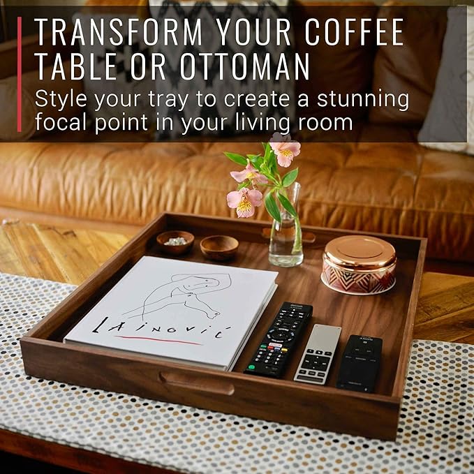 Virginia Boys Kitchens Walnut Wood Serving Tray with Handles - Serve Coffee, Tea, Cocktails, Appetizers, Breakfast in Bed or for Ottomans or Desk - 20x20 Square