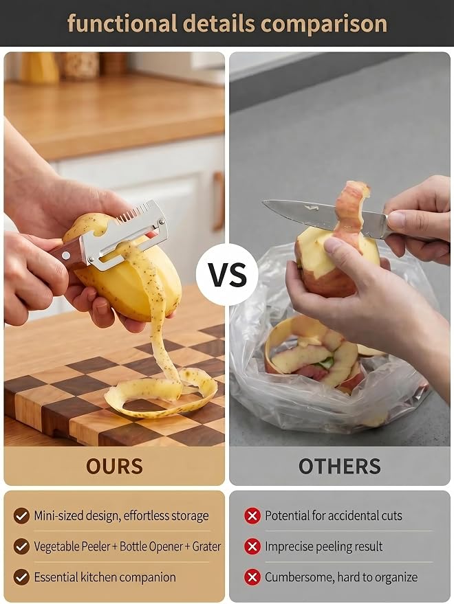 3 in 1 Multifunction Vegetable Peeler + Bottle Opener + Grater with Wooden Handle, Stainless Steel Hand Held Peeler for Potato, Pumpkin, Carrot, Fruit and Vegetable Peeler for Kitchen 1 Pcs