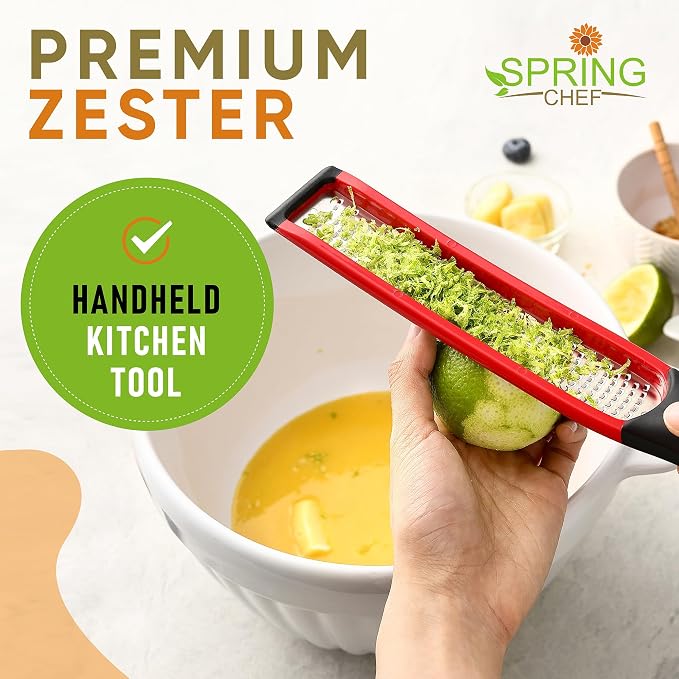 Spring Chef Premium Red Lemon Zester Grater with Handle - Fruit, Garlic, Citrus, Nutmeg, Orange Zester Tool - Heavy Duty Kitchen Shredder - Stainless Steel Ginger Grater with Blade Cover - Fine Shred