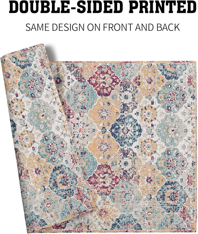 Ethnic Boho Placemats Set of 4 Bohemian Carpet Vintage Rust Coral Floral Carpet Linen Washable Kitchen Dining Table Mats Stain Heat-Resistant Desktop Decor Place Mats 12x18 in