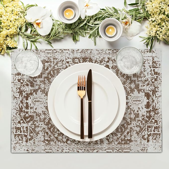 Gray Brown Boho Placemats Set of 6 Ethnic Bohemian Carpet Place Mats Washable Kitchen Dining Vintage Grey Geography Floral Linen Table Mats Stain Heat-Resistant for Home Party Indoor 12x18 in