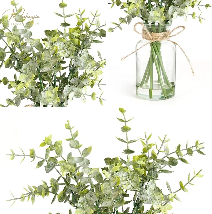 Muhanjia Artificial Eucalyptus Stems in Glass Vase with Faux Water,7Pcs Fake Plant for Centerpiece Bathroom Farmhouse Room Home Decor (Sage Green Eucalyptus)