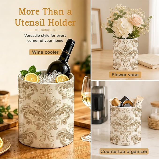 Ceramic Kitchen Utensil Holder for Countertop,Gold Damask Flower Vintage Large Utensil Crock for Kitchen Counter,Cooking Utensil Organizer for Spatulas,Spoons