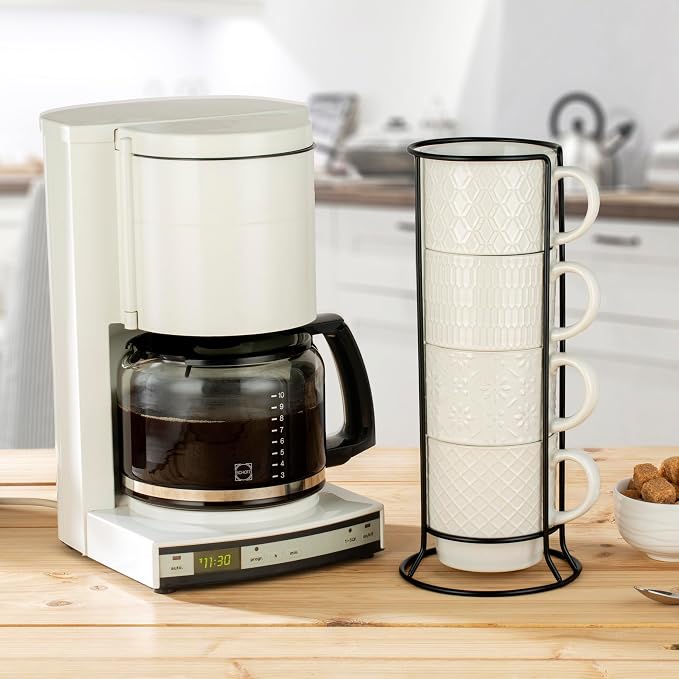 Signature Housewares Stackable Coffee Mug Tower Set with Metal Wire Rack - 15 Ounce Coffee Mugs for Coffee, Tea, Cocoa, Milk, Cappuccino, Hot Chocolate Set of 4 - White Glazed Ceramic