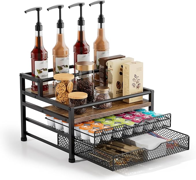 4 Tier Coffee Syrup Rack Organizer, Coffee Bar Organizer for Countertop, Coffee Station Organizer with 2 Sliding Drawers for Pods, K Cup Holder, Stirrer and Condiment, Brown
