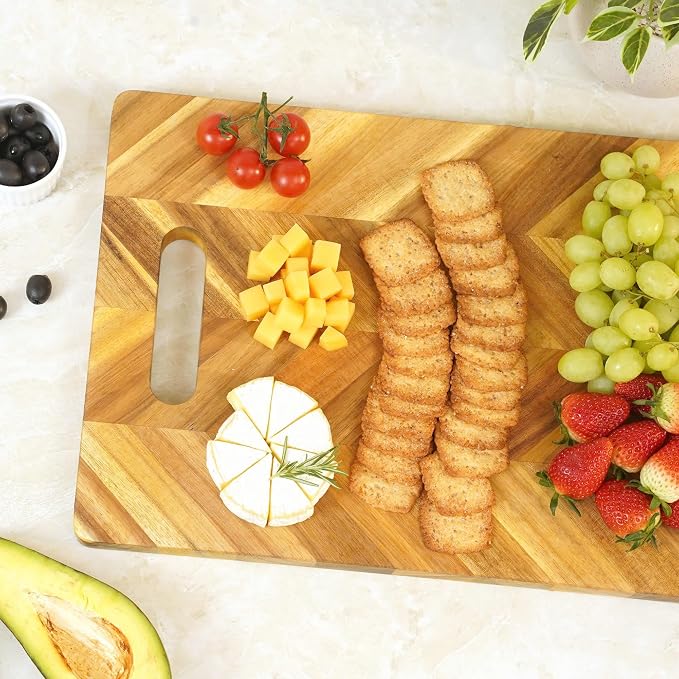 Howizz Solid Acacia Wood 36"x12" Extra Large Charcuterie Board with Handles, Grazing Board Serving Board Herringbone Chevron Serving Tray for Bread, Meat, Appetizers, Kitchen Cutting Board