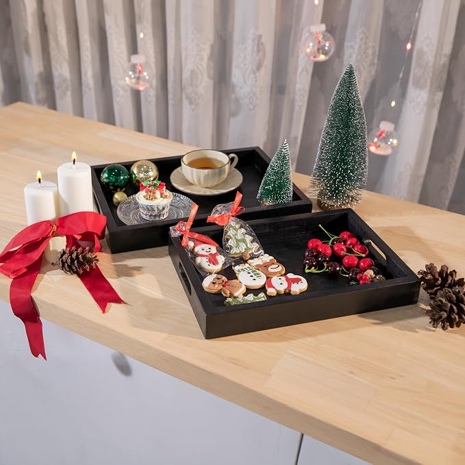 Black Acacia Wooden Rectangular Serving Tray with Handles, Set of 2 (15"x11" & 13"x10"), Large Tray for Ottoman, Breakfast in Bed, Dinner, Coffee Table Decor & Kitchen