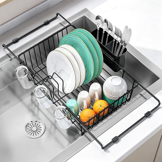 Urackify Dish Drying Rack in Sink, Expandable (15.35"-23.23" L) Over the Sink Dish Rack with Utensil Holder & Cup Holder for Compact Kitchen, Space - Saving Dish Drainer for Inside Sink, Black