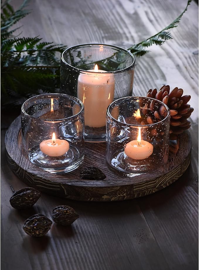Glass Candle Holder Set 3 Clear Seeded Bubbles Modern Farmhouse Centerpieces Coffee Table Rustic Hurricane Cylinders Pillar Votive Tealight