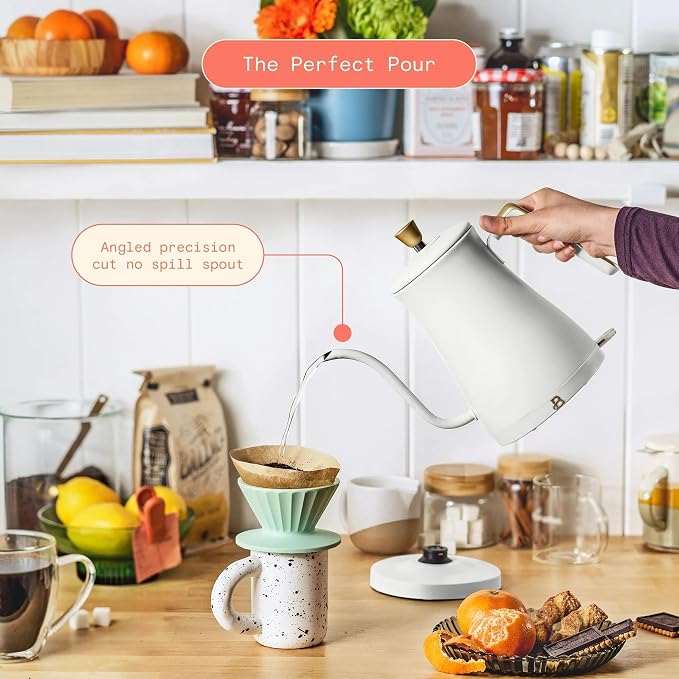 Electric Gooseneck Kettle 1 Liter 1200W Fast Boil with Precision Pour Spout, Stainless Steel Interior, Auto Shut-Off & 360° Swivel Base (White Icing)