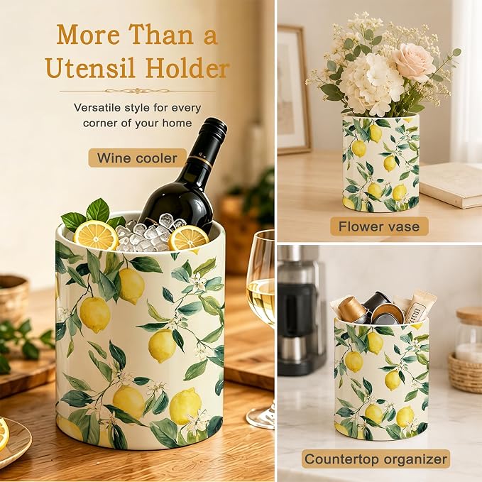 Kitchen Utensil Holder,Lemon Vintage Large Ceramic Utensil Crock Organizer for Spatulas,Spoons and Cooking Tools,Kitchen,Home Decoration 6.3"