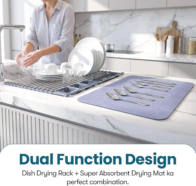 Havenity™ Expandable Roll Up Dish Drying Rack with Drying Mat - Adjustable Up to 22.75" with 2 Free Attachments & 2 Removable Baskets, 304 Stainless Steel Over The Sink Dish Drying Rack Cover Kitchen