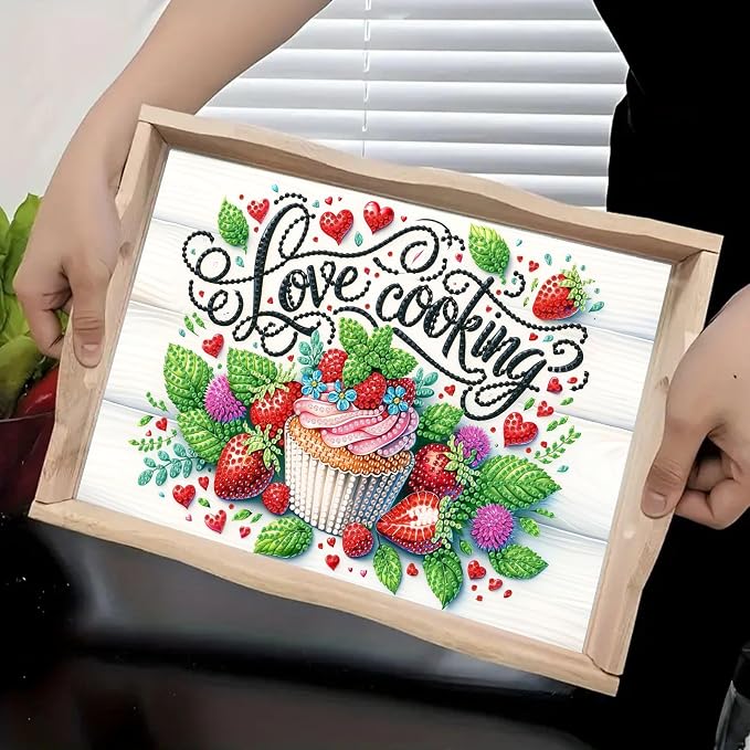 BAYUNOE DIY Diamond Serving Tray Rectangular Wooden Breakfast Tray with Handle Handmade Diamond Art Painting Spring Creative Dinner Plate Coffee Room Living Home Organizer-Cupcake
