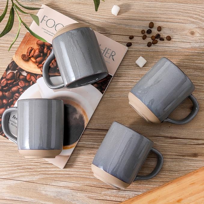 Ceramic Coffee Mugs Set of 4, 14oz Coffee Cups with Large Handle, Stoneware Two-Tone Tea Mugs for Latte and Cappuccino,Slate Gray Speckled, Terracotta Base,Housewarming Gift,Dishwasher&Microwave Safe