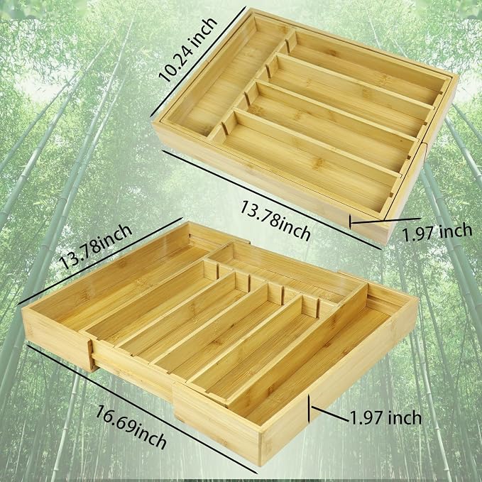 Bamboo Adjustable Drawer Organizer - Expandable Utensil Organizer for Flatware, Adjustable Cutlery & Knives. Ideal Utensil 7 Slots large Drawer Organizer for Kitchen, Natural