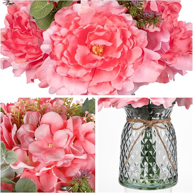 Briful Faux Flowers with Glass Vase Artificial Peony Hydrangea Silk Floral Arrangement Realistic Fake Flowers Bouquet in Vase for Home Office Dining Room Table Centerpiece Mantle Decor(Peach Pink)