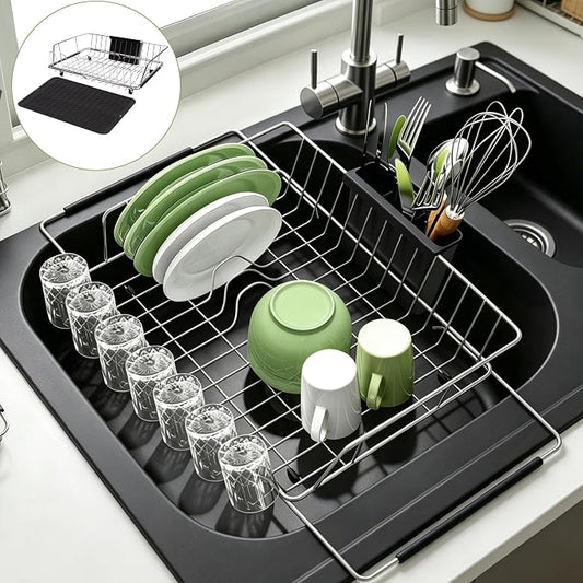 in Sink Expandable Dish Drying Rack with Silicone Mat-Extra Large Stainless Steel Dish Drainer Over The Sink with Utensil Holder, Applicable for Sink Width 16'-22' (Silver,23.2'*12.2')