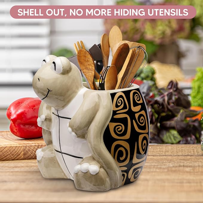 Turtle Kitchen Utensil Holder - Sea Turtle Storage Crock - Tortoise Home Decorations - Gift Decor - Office Holiday Theme Party Accessories - Lucky Gold Spirals