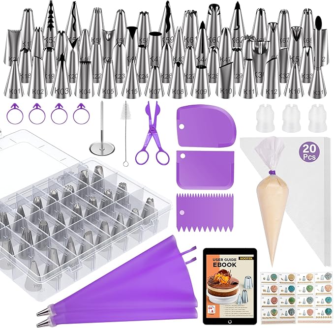 Kootek 90 PCs Piping Bags and Tips Set, Cake Decorating Supplies Kit with 55 Numbered Icing Piping Tips, 20+2 Pastry Bags for Cake Cupcake, Frosting Piping Kit with Booklet and eBook
