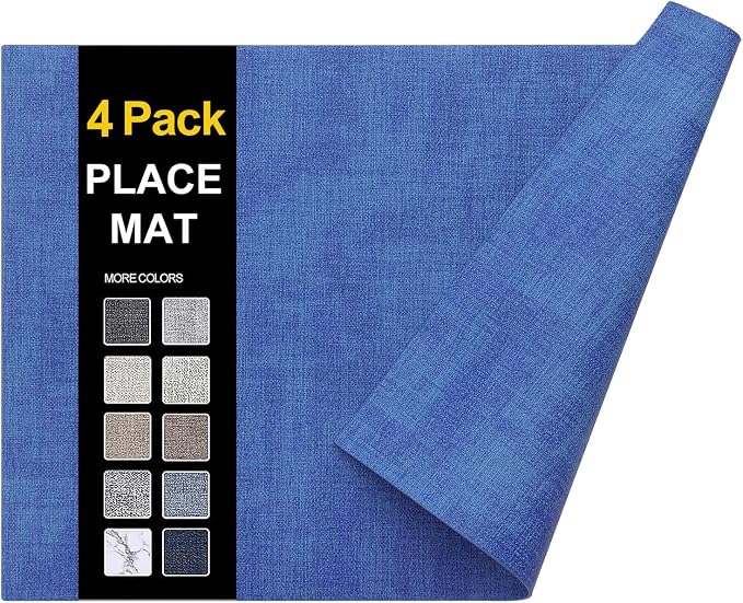 homing Faux Leather Heat Resistant Placemats 4 Packs, Waterproof Wipeable Dining PU Place Mats for Indoor & Outdoor, Easy to Clean, Sea Blue