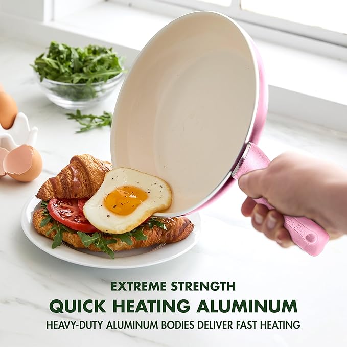 GreenPan Rio Healthy Ceramic Nonstick 8" Frying Pan Skillet and Silicone Spatula Set, Soft Grip Handle, Breaktfast Meal Set, PFAS-Free, Dishwasher Safe, Oven Safe, Pink