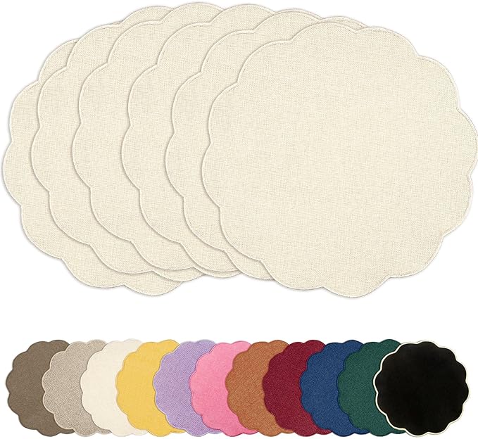 AHHFSMEI Round Faux Linen Placemats Set of 6 Waterproof Table Mats Heat Resistant Non-Slip and Stain Proof for Kitchen Dining Elegant Decor (Beige,6)