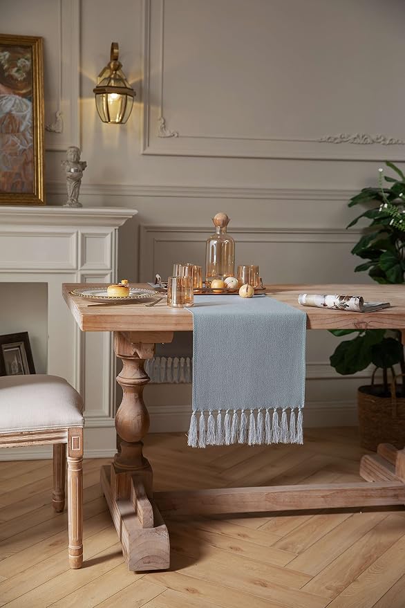 ZeeMart Dusty Blue Table Runners 48 Inches Long, Burlap Linen Style Rustic Farmhouse Table Runner, Small Short Boho Coffee Table Runner, 13x48 Inches, Light Dusty Blue