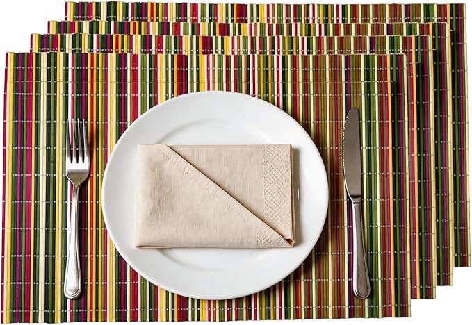 4-Pack Bamboo Placemats,Woven Heat-Resistant Rectangular Table Mats, Natural Rectangular Dining Place Mats, Rustic Japanese Style Plate Mats for Indoor Dining, Kitchen and Party Use(Colorful