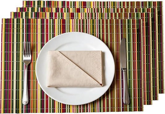 4-Pack Bamboo Placemats,Woven Heat-Resistant Rectangular Table Mats, Natural Rectangular Dining Place Mats, Rustic Japanese Style Plate Mats for Indoor Dining, Kitchen and Party Use(Colorful