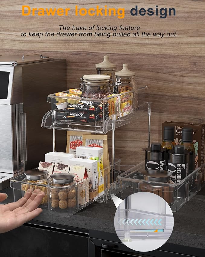 Sevenblue Under Sink Organizer, Bathroom Organizers and Storage, 2 Tier Multi-Use Pull Out Cabinet Organizer with Hang Hooks and Cups (transparent, 2 Pack)