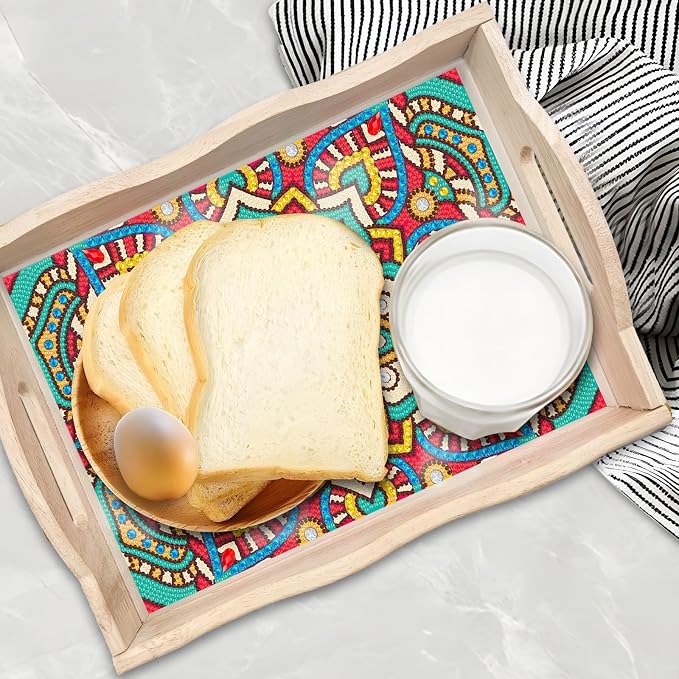 Generic DIY Diamond Serving Tray Rectangular Upgrade Increase Breakfast Tray with Handles Handmade Diamond Art Painting Wooden Tray Dinner Plate for Coffee Living Room Home Organizer-Mandala07