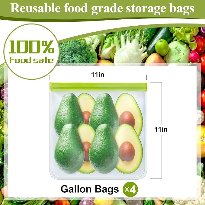 4 Pack Reusable Gallon Freezer Bags,Silicone Bags Reusable Storage Baggies,Food Storage Bags, Leakproof Food Storage Containers for Sandwich Snack Travel Picnic, Work, Home Use