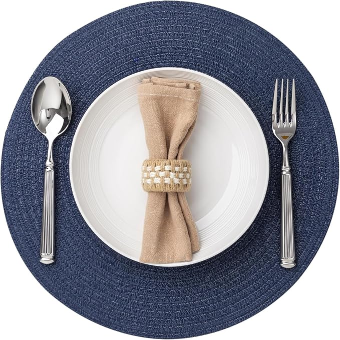 Round Placemats Set of 12 Woven Placemats Washable Braided Table Mats for Dining Table Heat Resistant Non-Slip Circle Place Mats(Navy Blue)