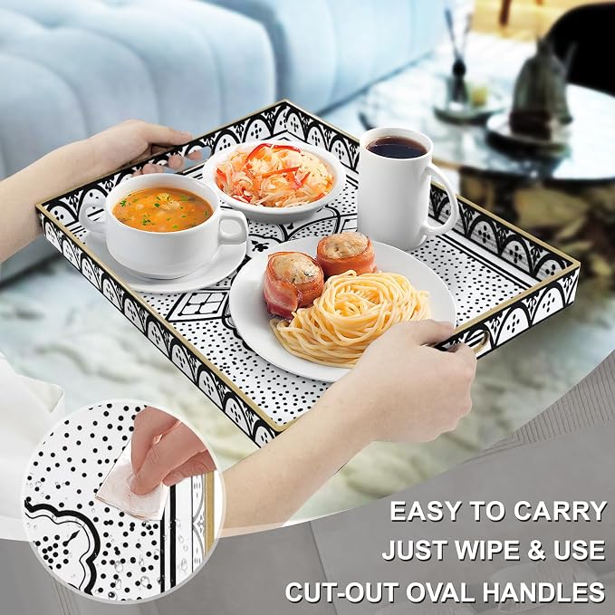 MAONAME Plastic Serving Tray with Handles, Modern Black Tray for Coffee Table, Rectangular Trays with Flower Pattern, Decorative Trays for Ottoman, 15.8" Lx 11.8" W X 1.6" H