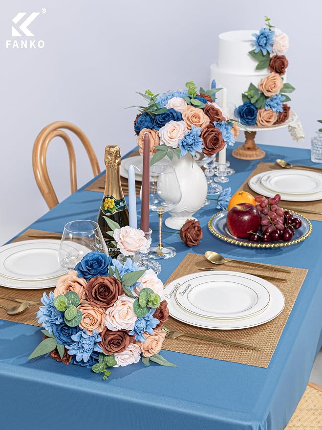 FANKO Artificial Flowers for DIY, Blue Brown Faux Flowers Bouquet, Fake Flowers with Roses Dahlia Silk Flowers for Vase, Home Decor, Wedding Centerpiece, Father’s Day, Party