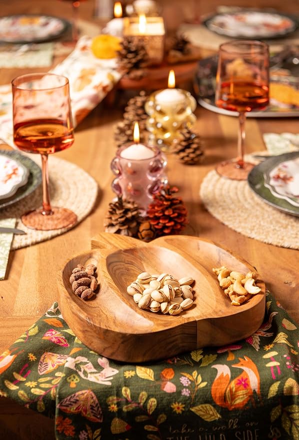 Karma, Acacia Wood Shaped Serving Bowl, Shaped Wooden Compartment Divided, Wood Accent-Plates Divided Dessert Dish Serving Trays Platters, Pumpkin