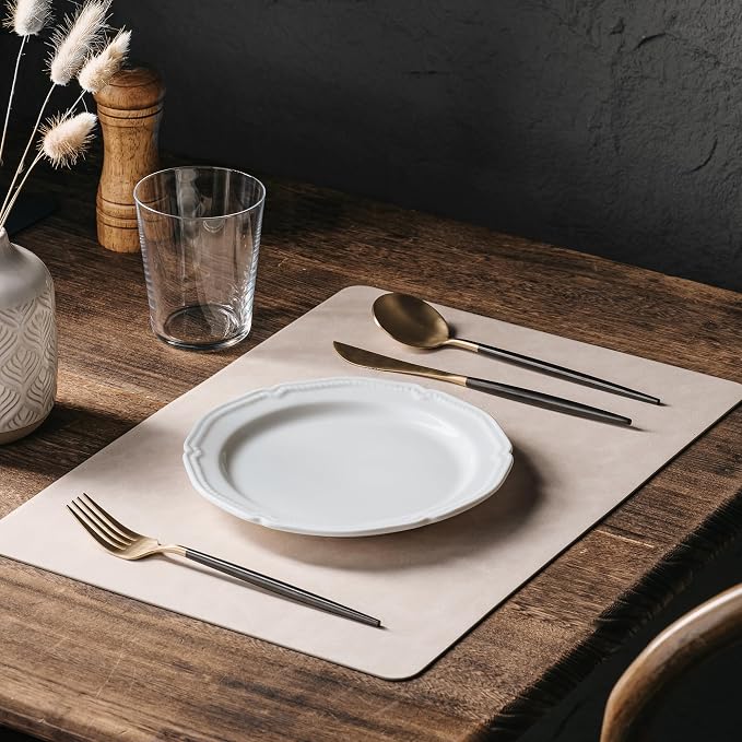 Placemats Set of 4, DOLOPL Reversible Dual-Color Faux Leather Place Mats 17"x11.8"– Waterproof, Heat Resistant, Washable & Wipeable, Luxury Retro Style for Kitchen, Dining Table (Beige & Light Grey)