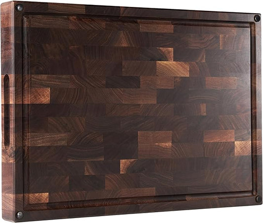 Cozifa American Dark Walnut Wood Cutting Board 17"x12"x1.6" for Kitchen with Juice Groove, Inner Handles, Gift Box Packaging and End Grain Butcher Block Finished with Linseed Oil, Beeswax & Lemon Oil